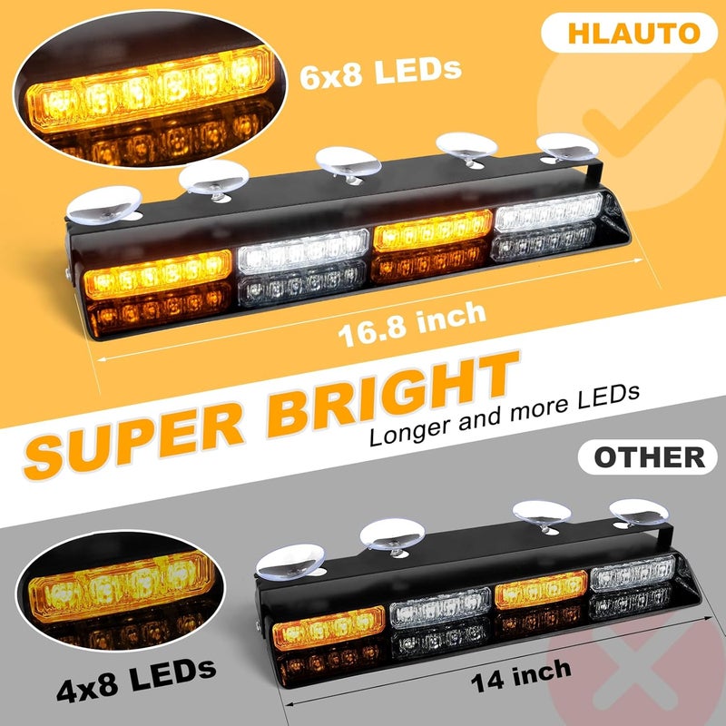 HLauto 6Z4J Emergency Dash Strobe Lights: 2x16.8 inch Amber White Safety Lights, 48 LED Flashing Warning Hazard Interior Windshield Visor Traffic Light Bars for Trucks, Construction Vehicles - Image 2